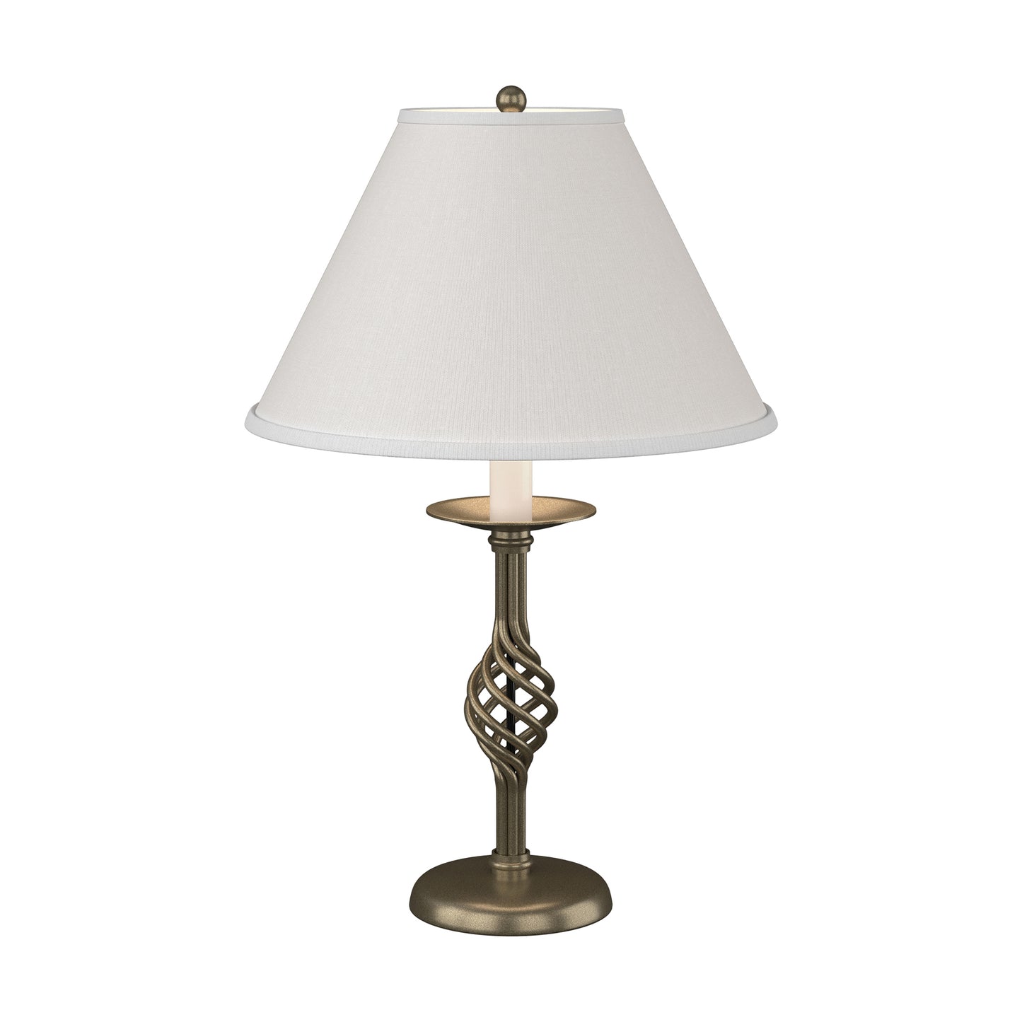 Twist Basket Table Lamp by Hubbardton Forge with a white conical shade and elegant twisted metal base, showcasing fine craftsmanship and unique design.