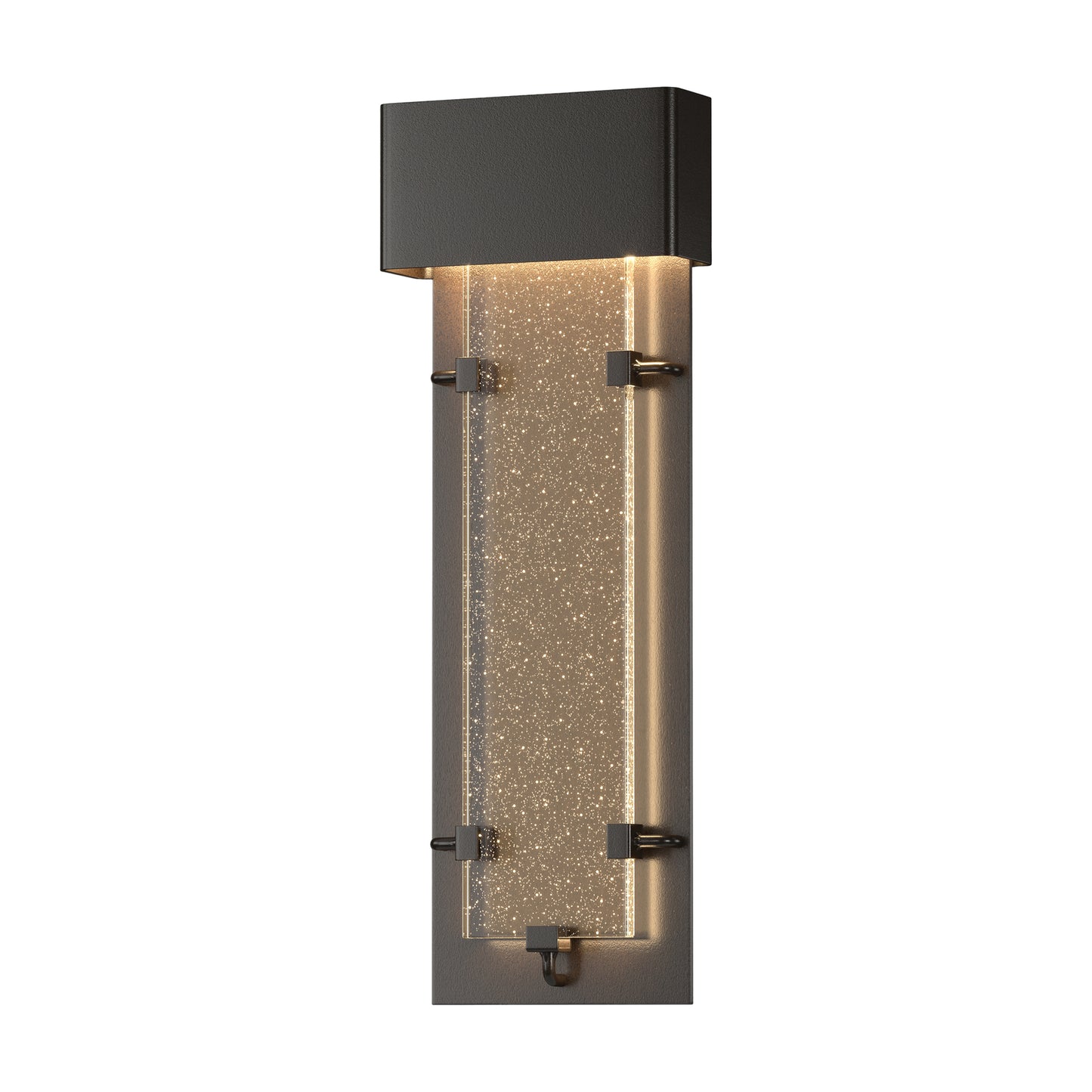 Close-up of the Ursa Large LED Outdoor Sconce by Hubbardton Forge, showcasing its dark metal frame and textured illuminated glass craftsmanship.