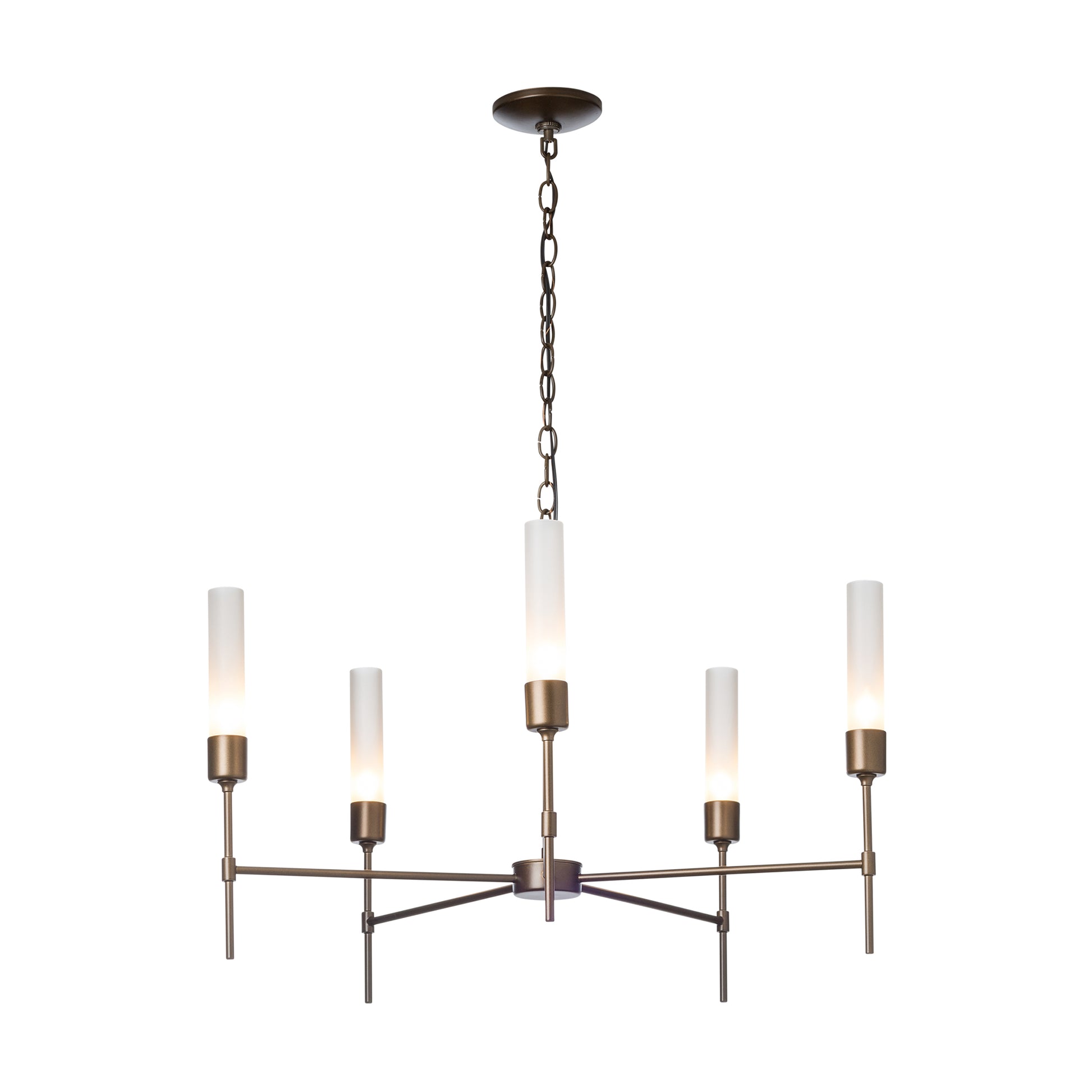 A Hubbardton Forge Vela 5-Arm Chandelier with a brass finish and five lights, featuring an elegant lighting design.