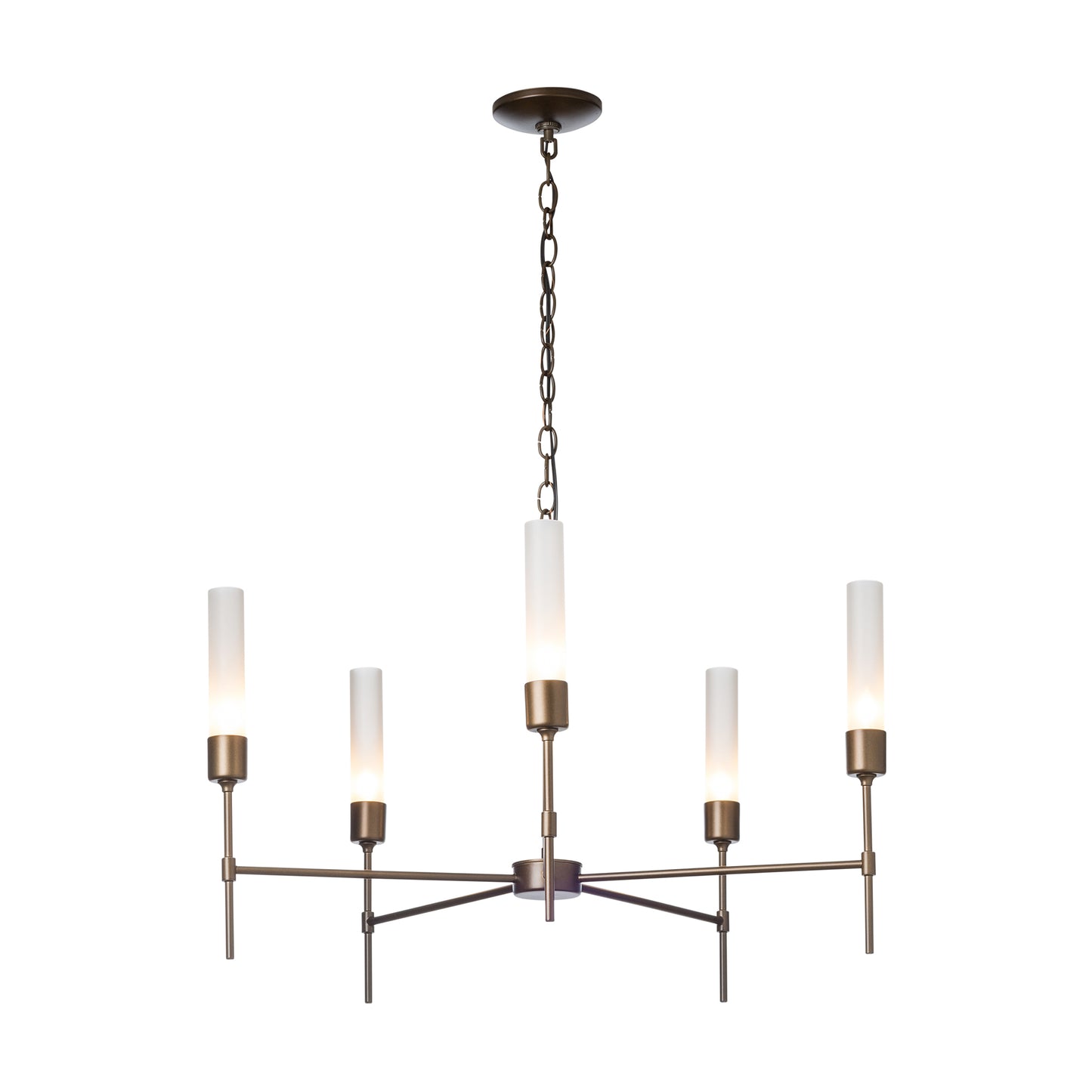 Modern bronze Vela 5-Arm Chandelier by Hubbardton Forge, featuring handcrafted design and frosted glass shades.