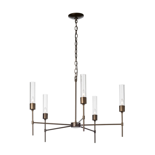 Modern Vela 5-Arm Chandelier by Hubbardton Forge with handcrafted lighting and five sleek cylindrical glass fixtures.
