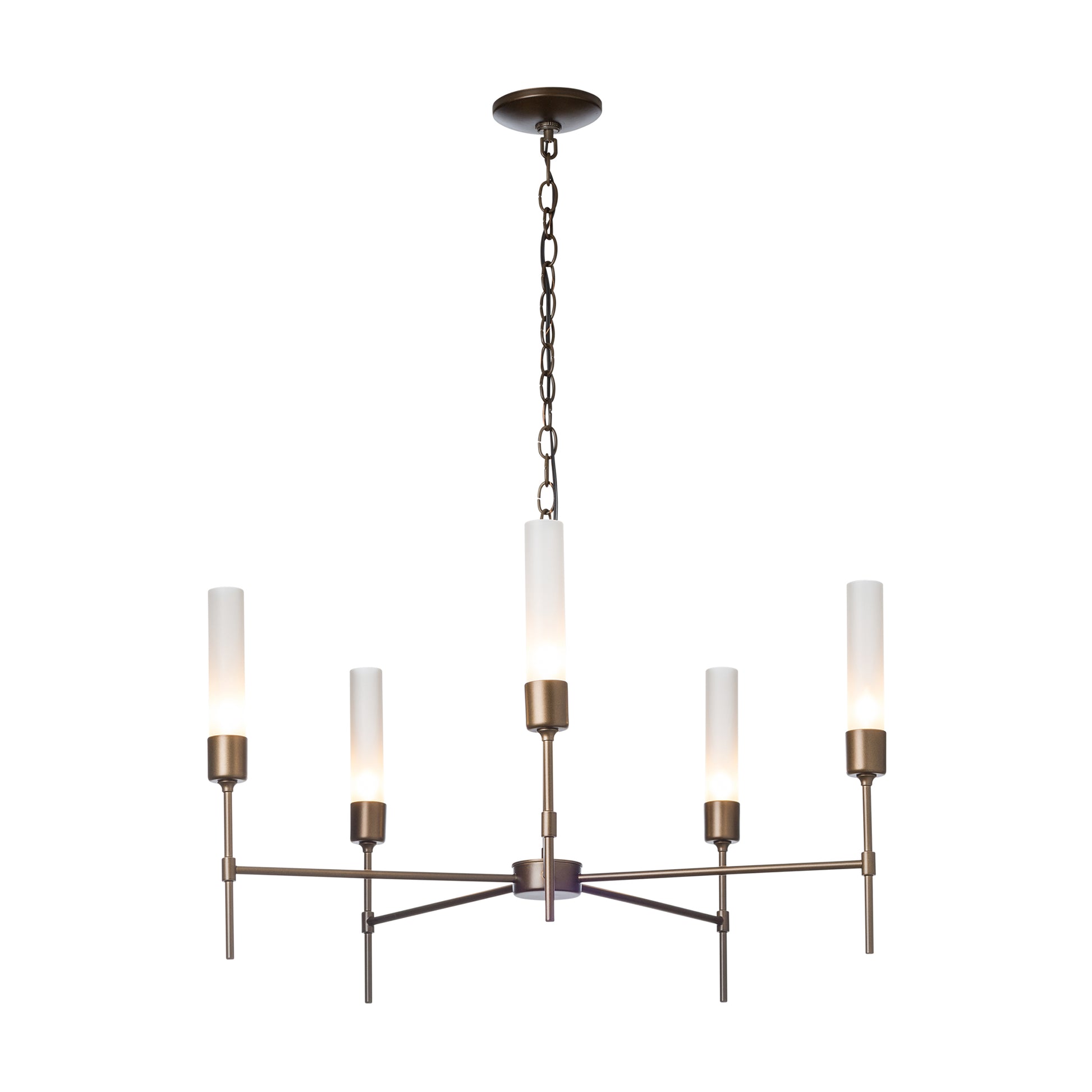 Vela 5-Arm Chandelier by Hubbardton Forge with hand-forged steel frame and five frosted glass shades, showcasing modern craftsmanship.