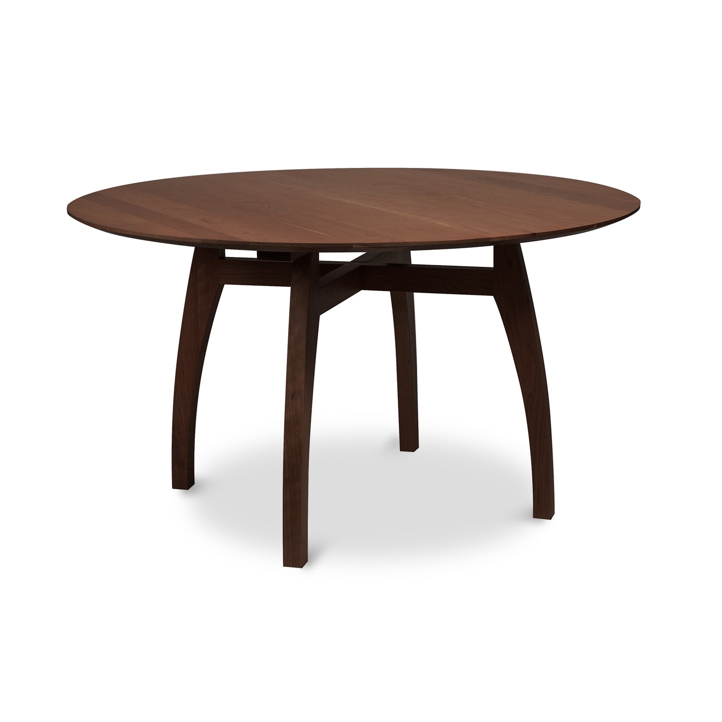 Lyndon Furniture Vermont Modern round pedestal table with four curved legs and rich dark finish, crafted from solid wood.