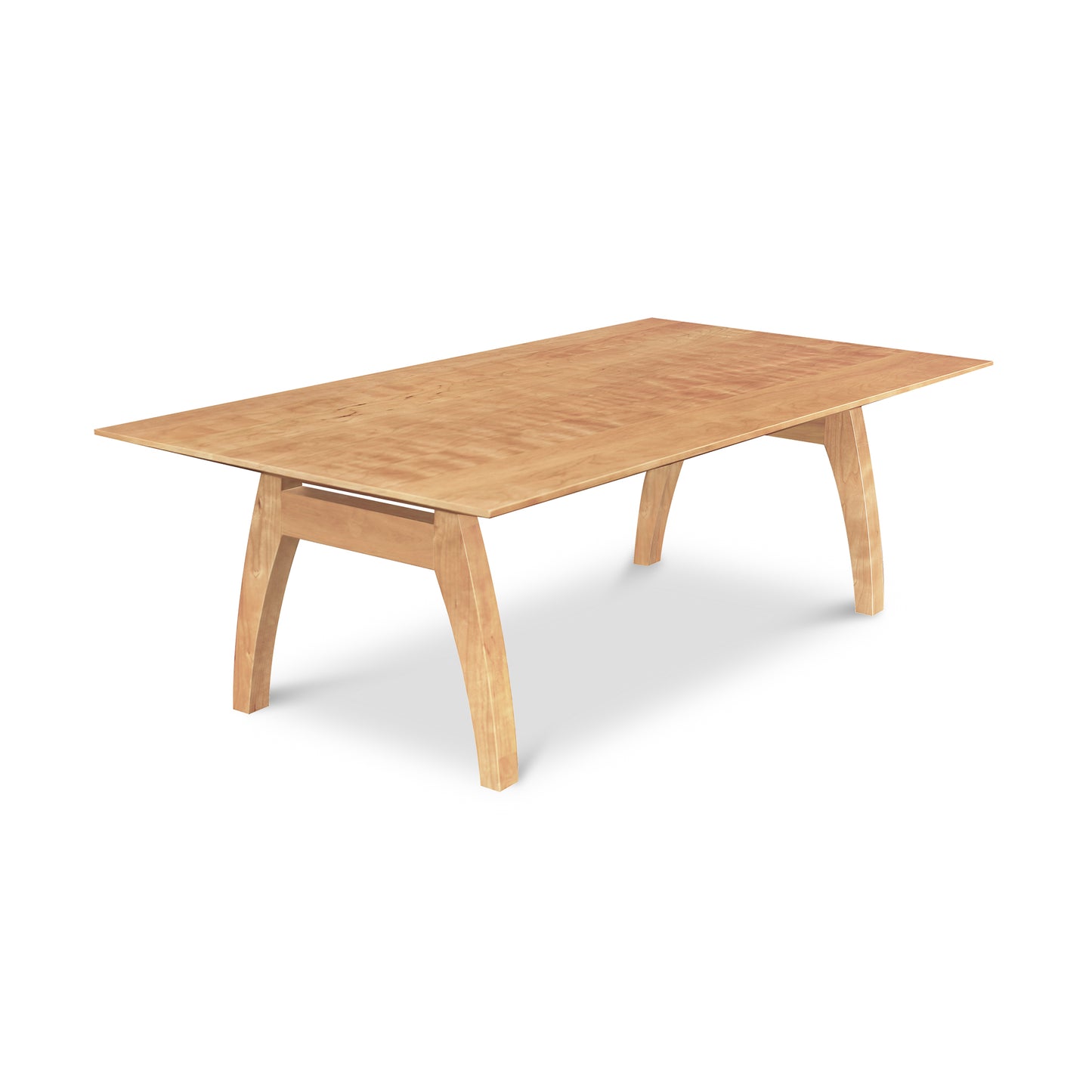 A handmade Vermont Modern Trestle Coffee Table with a wooden top and legs, crafted in Vermont by Lyndon Furniture.