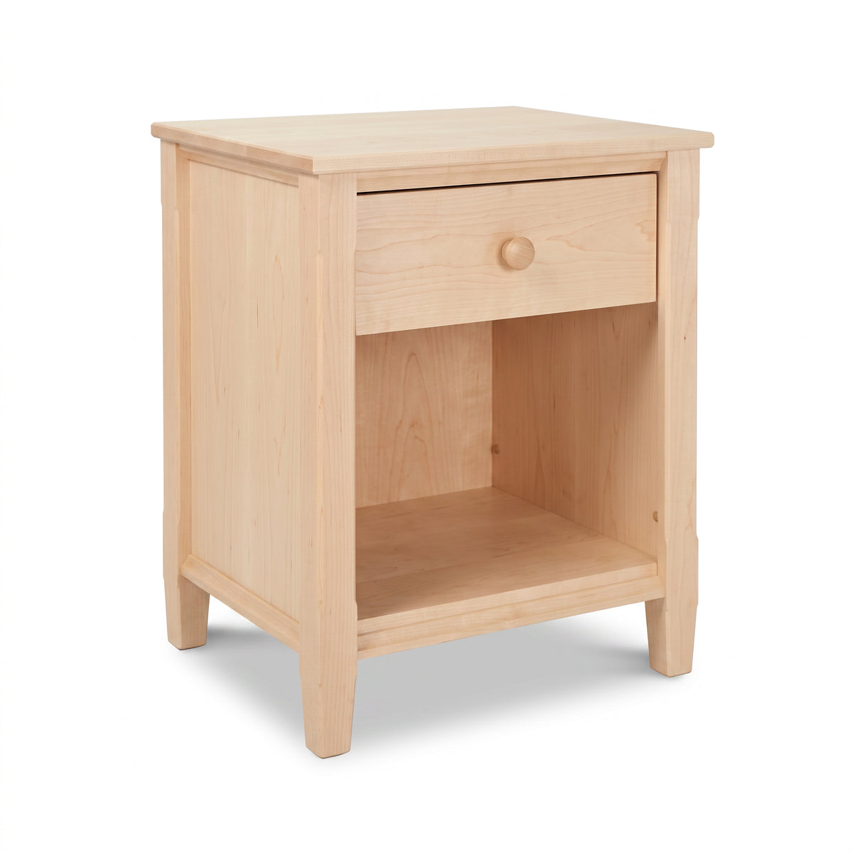 Vermont Shaker 1-Drawer Enclosed Shelf Nightstand in natural cherry, expertly crafted by Maple Corner Woodworks, features timeless Vermont design.