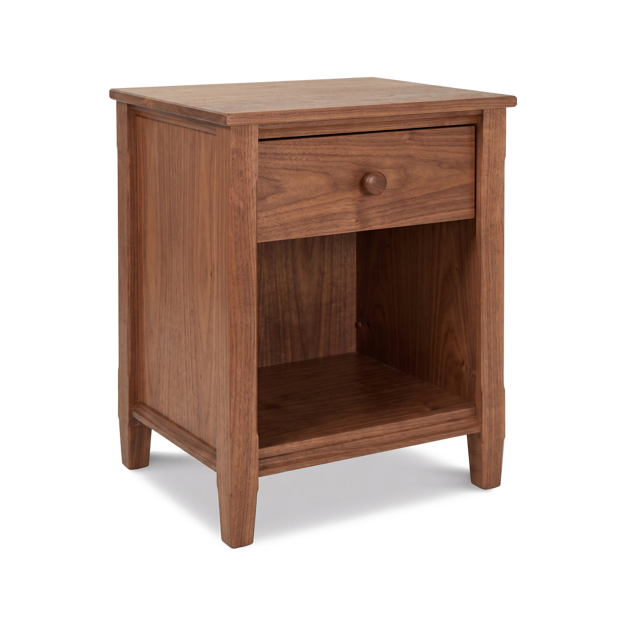 Vermont Shaker 1-Drawer Enclosed Shelf Nightstand by Maple Corner Woodworks, handcrafted in solid wood with classic Shaker design details.