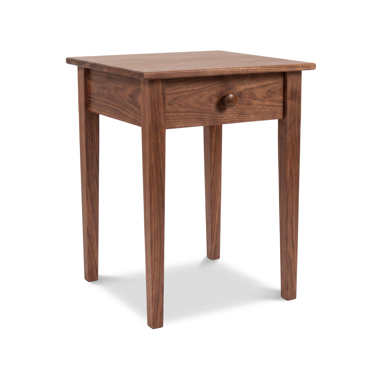 Vermont Shaker Bedside Table by Maple Corner Woodworks, handcrafted from solid wood with one drawer and four legs, American made furniture.