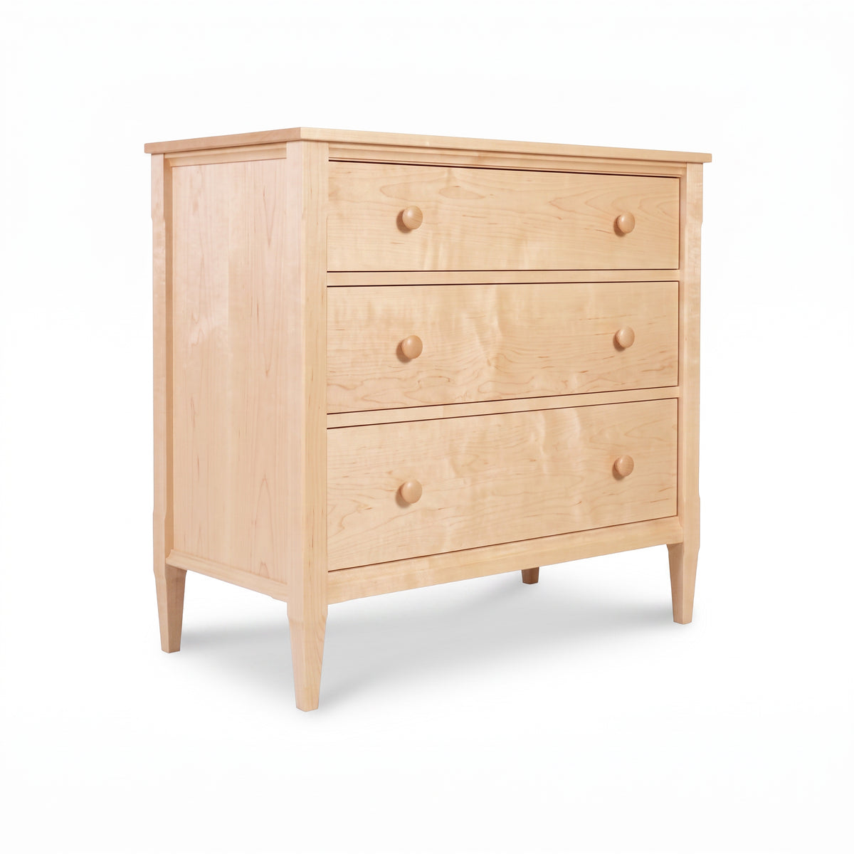 Vermont Shaker 3-drawer chest by Maple Corner Woodworks in light maple with round knobs, highlighting fine American craftsmanship.