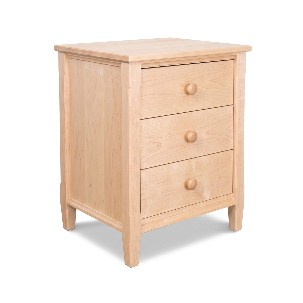 Vermont Shaker 3-Drawer Nightstand crafted in eco-friendly hardwood with round knobs and clean, minimalist lines, made by Maple Corner Woodworks.