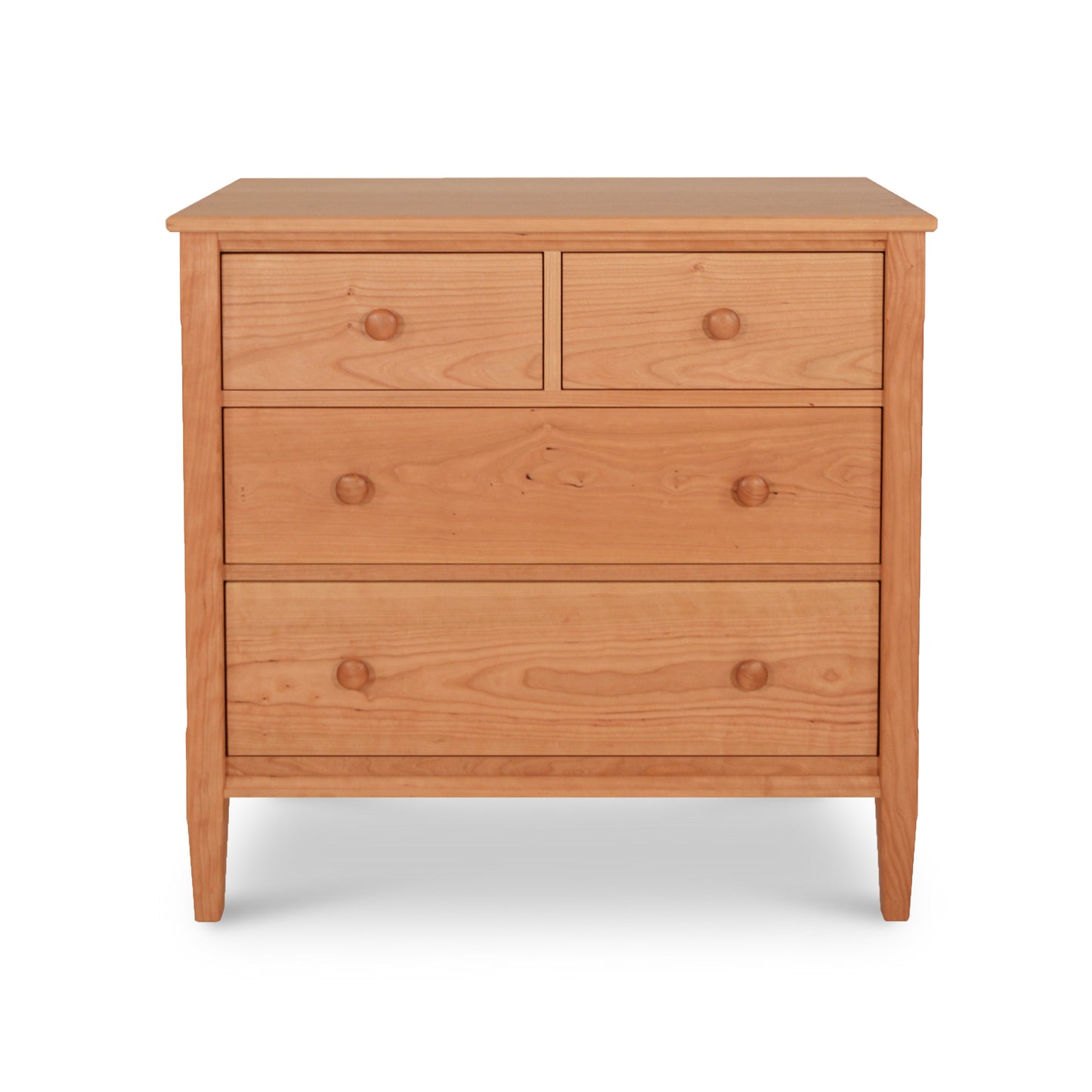 Vermont Shaker 4-Drawer Chest by Maple Corner Woodworks in solid cherry wood showcasing classic craftsmanship with two smaller top drawers and two larger bottom drawers.