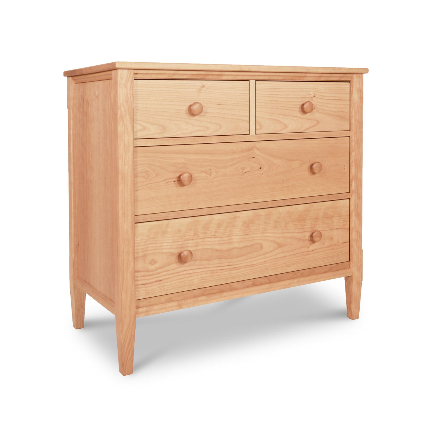 Vermont Shaker 4-Drawer Chest in solid cherry with round wooden knobs, features two smaller upper drawers and two larger lower drawers.