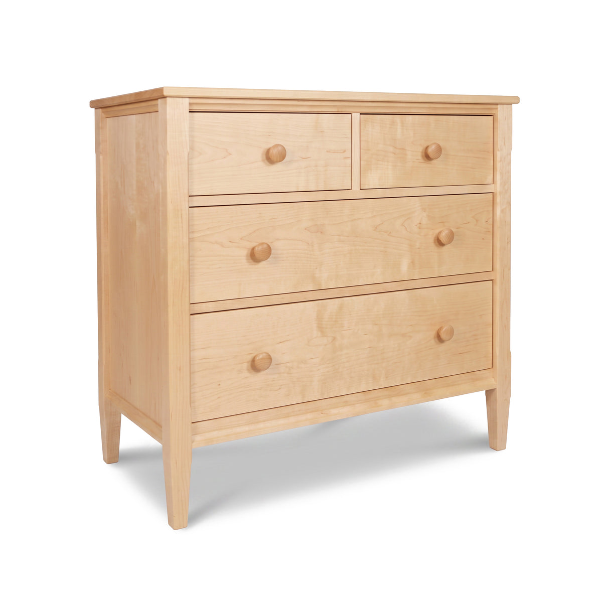 Vermont Shaker 4-Drawer Chest by Maple Corner Woodworks in solid cherry, light finish, round knobs; handcrafted American-made bedroom furniture.