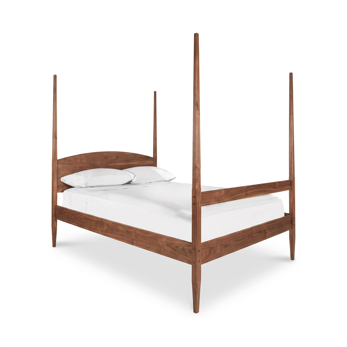 Vermont Shaker Four Poster Bed by Maple Corner Woodworks featuring white bedding and two pillows, expertly crafted from solid wood.