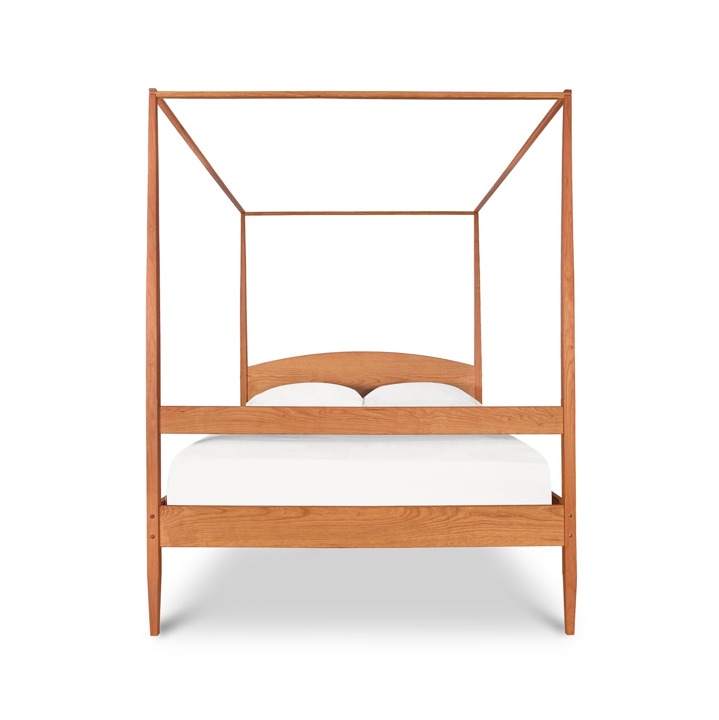 Vermont Shaker Four Poster Bed with Canopy by Maple Corner Woodworks, featuring white bedding and showcasing a timeless design.