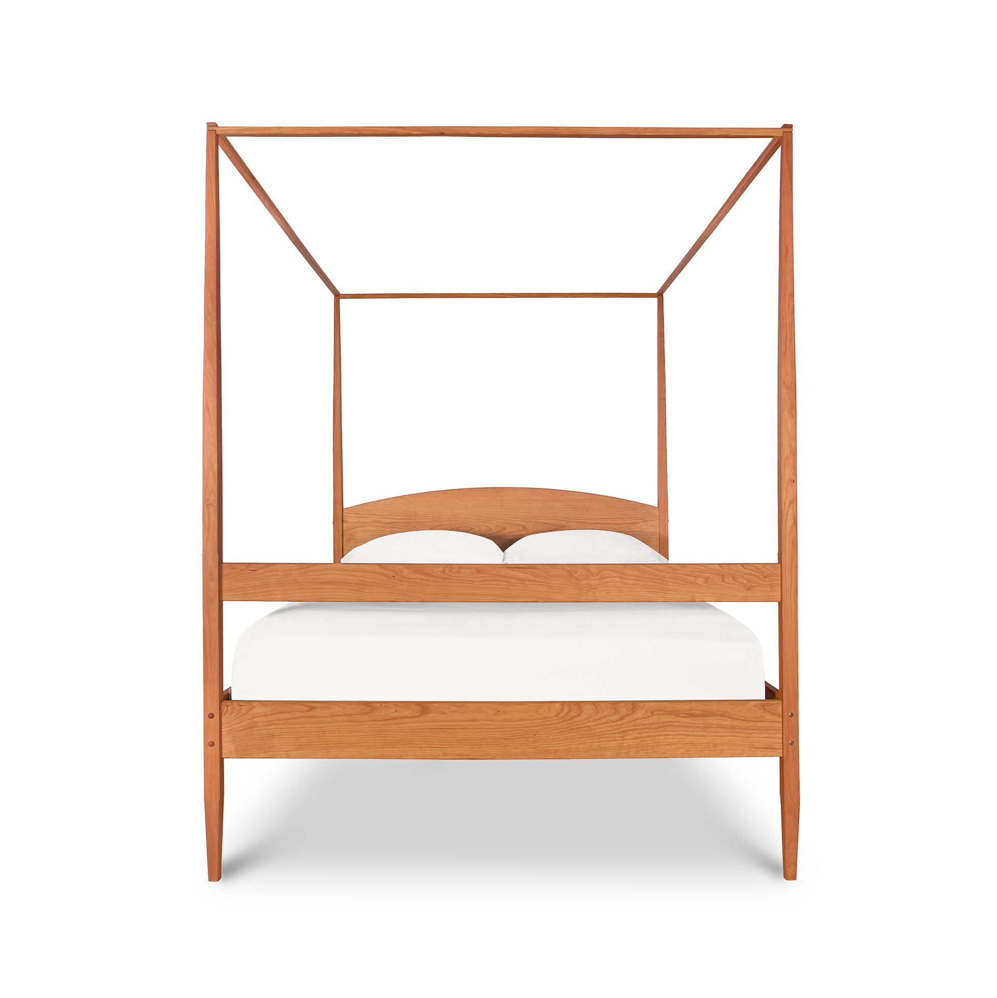 Vermont Shaker Four Poster Bed with Canopy by Maple Corner Woodworks, featuring white bedding and showcasing a timeless design.