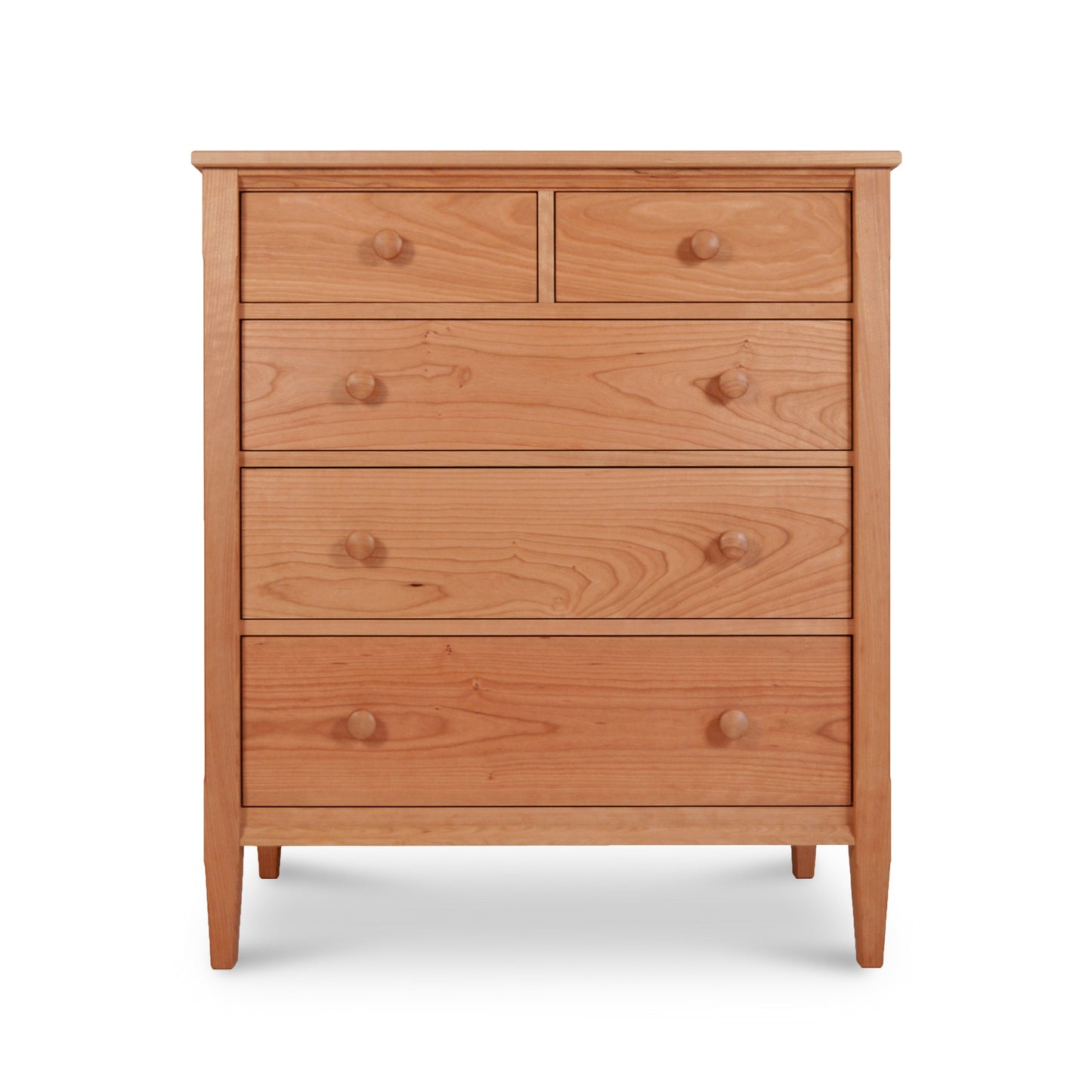 Vermont Shaker 5-Drawer Chest by Maple Corner Woodworks, showcasing a natural finish with two small top drawers and three larger ones below, each with round wooden knobs; handcrafted for elegance and functionality in classic Vermont Shaker style.