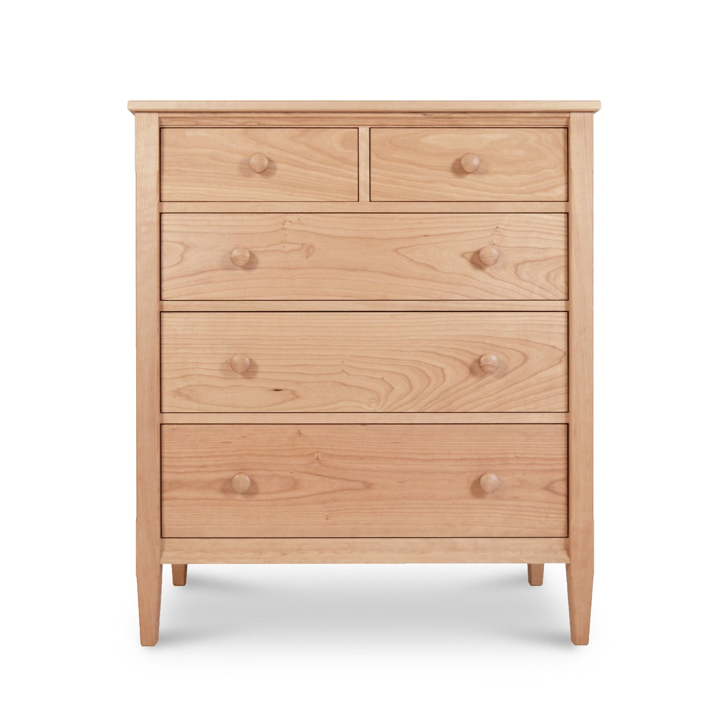 A Maple Corner Woodworks Vermont Shaker 5-Drawer Chest, displaying a natural light wood finish and round knobs, set against a plain white background.
