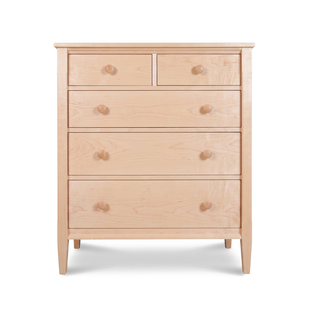 Vermont Shaker 5-Drawer Chest by Maple Corner Woodworks, crafted in solid wood with round knobs and short sturdy legs, American made quality.