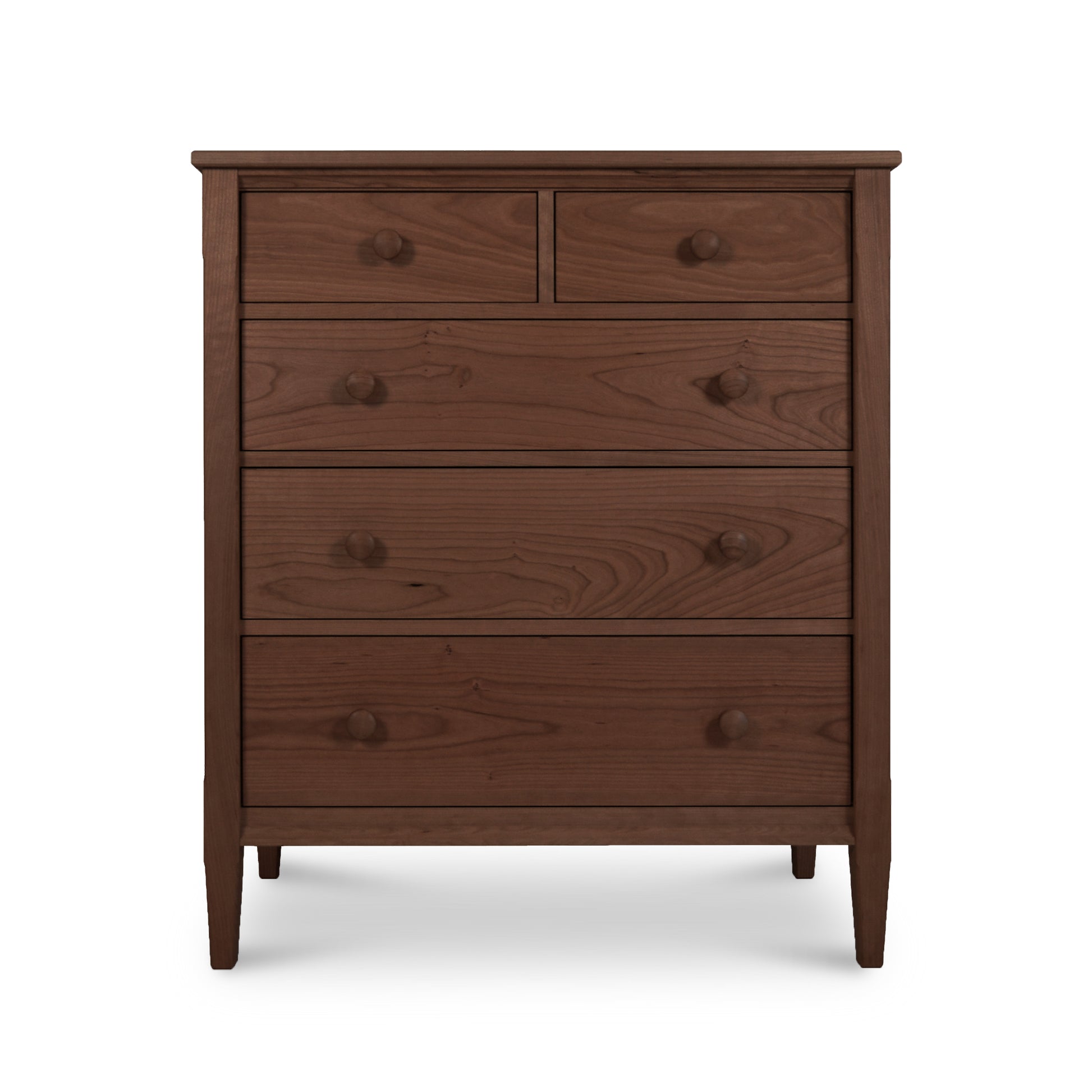 A handcrafted Maple Corner Woodworks Vermont Shaker 5-Drawer Chest with a dark brown finish, featuring round knobs on each drawer, standing on four tapered legs against a plain white background.