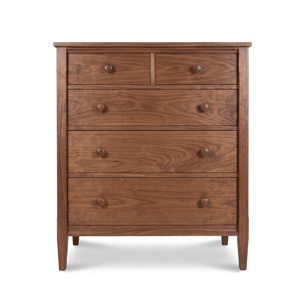 Maple Corner Woodworks Vermont Shaker 5-Drawer Chest with natural finish and signature round knobs, handcrafted in Vermont from solid wood.