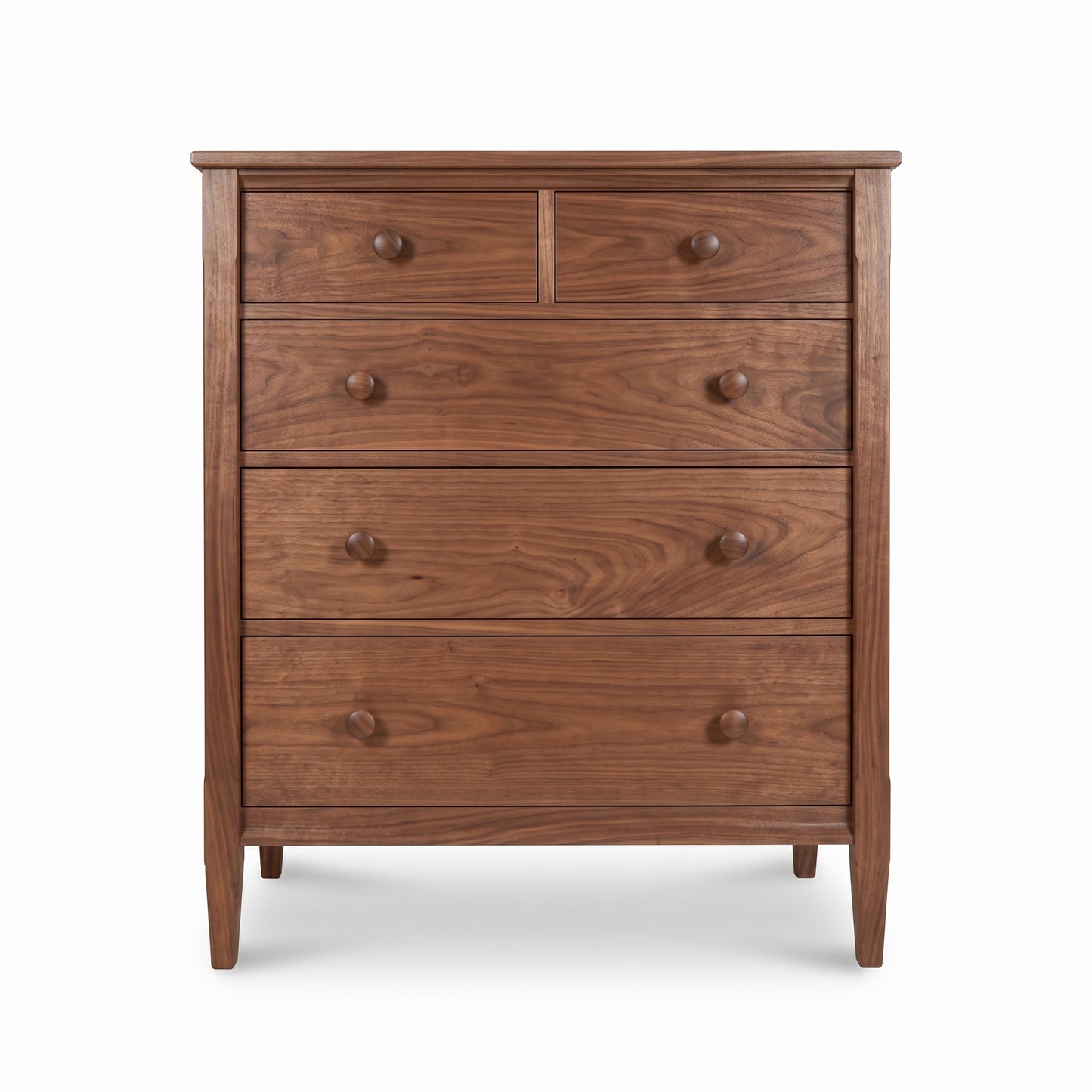 Vermont Shaker 5-Drawer Chest by Maple Corner Woodworks with two small and three large drawers, round knobs, solid wood construction.