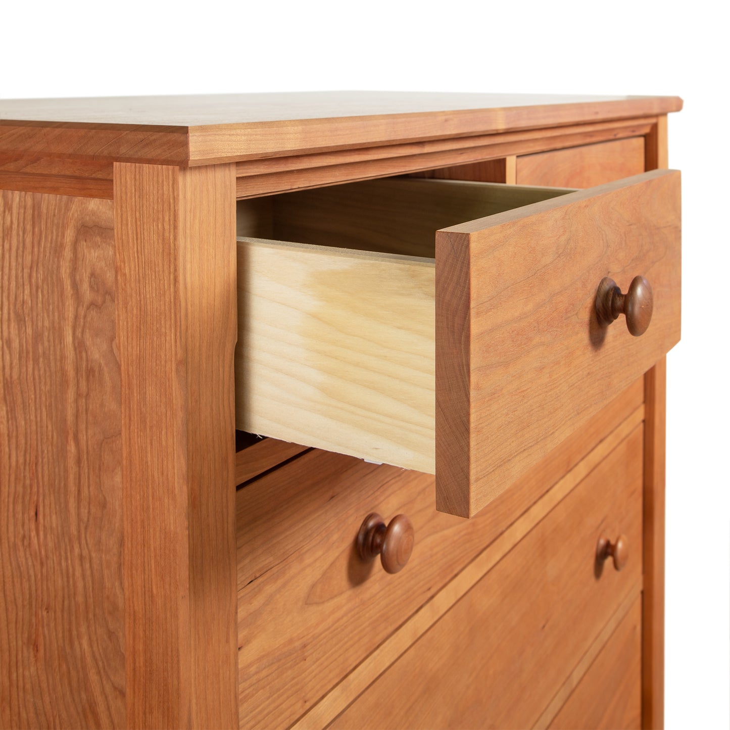 Vermont Shaker 6-Drawer Chest by Maple Corner Woodworks, handcrafted hardwood construction with a partially open top drawer and round wooden knobs on all drawers.