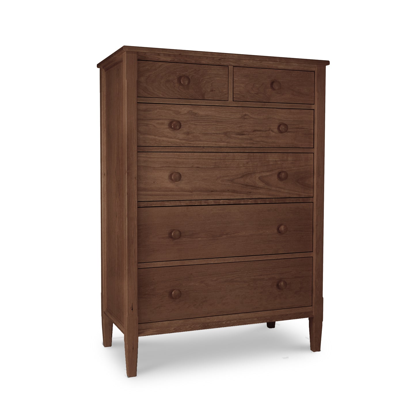 A Maple Corner Woodworks Vermont Shaker 6-Drawer Chest standing upright against a white background. The dresser features five drawers with round knobs and is designed in the Vermont Shaker Chest style, showcasing a simplistic, traditional look.