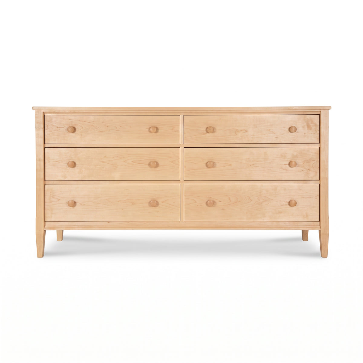 Vermont Shaker 6-drawer dresser by Maple Corner Woodworks, handcrafted in light solid wood with round knobs; quality American made furniture.