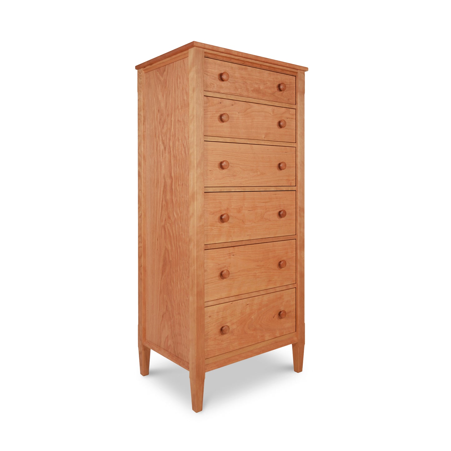 Vermont Shaker Lingerie Chest by Maple Corner Woodworks, handcrafted with six spacious compartments and round handles, showcasing timeless elegance.