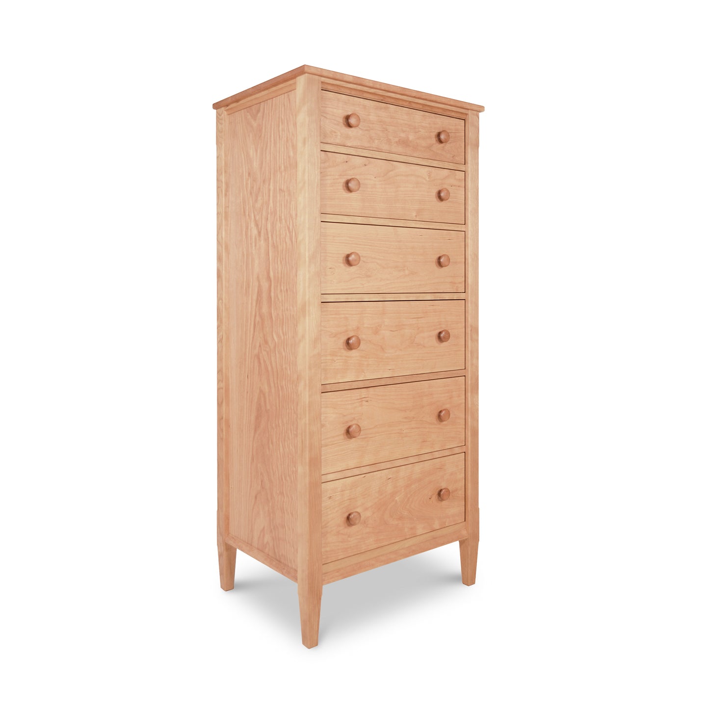 A tall Vermont Shaker Lingerie Chest from the Maple Corner Woodworks Collection, with five drawers and rounded knobs, standing on four slender legs, isolated on a white background.