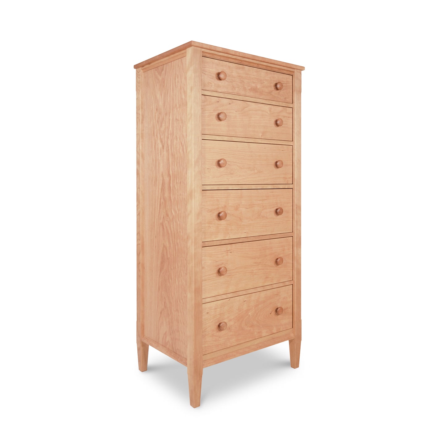 Vermont Shaker Lingerie Chest by Maple Corner Woodworks, featuring six drawers with round knobs, light wood finish, tapered legs; handcrafted from sustainably harvested materials.