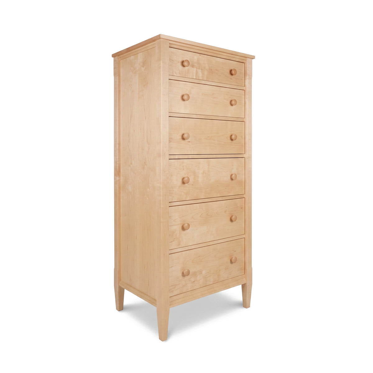 Vermont Shaker Lingerie Chest by Maple Corner Woodworks with 7 drawers, round knobs, and tapered legs in solid hardwood craftsmanship.
