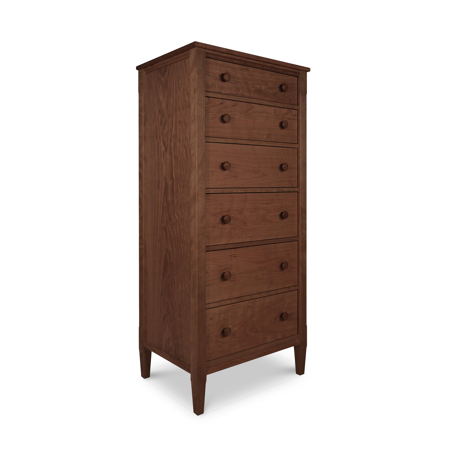 A tall, vertical dresser with six drawers from the Maple Corner Woodworks Vermont Shaker Lingerie Chest, standing on four slim legs, isolated on a white background. The dresser is made of dark brown solid