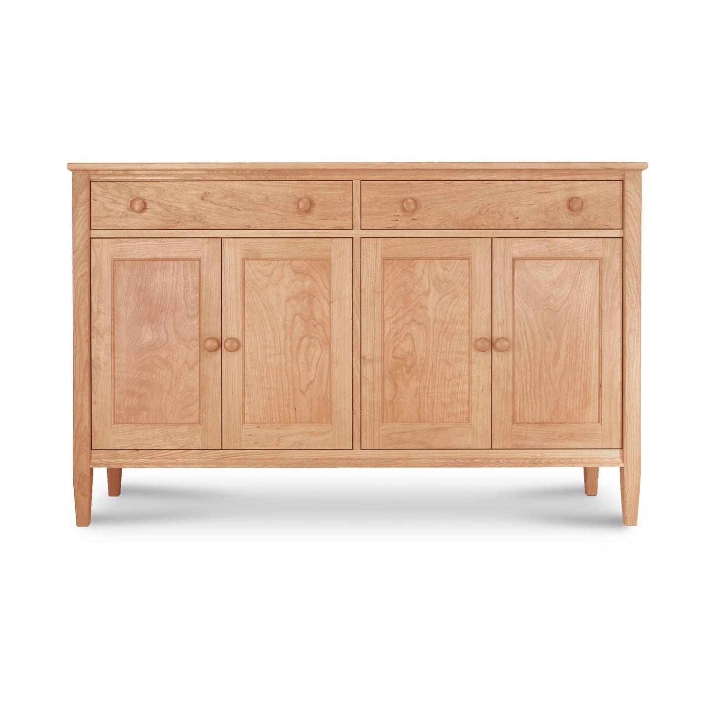 Vermont Shaker Large 60" Sideboard by Maple Corner Woodworks, showcasing genuine Vermont craftsmanship with solid hardwood construction, two drawers, and four doors with round knobs in a natural wood finish.