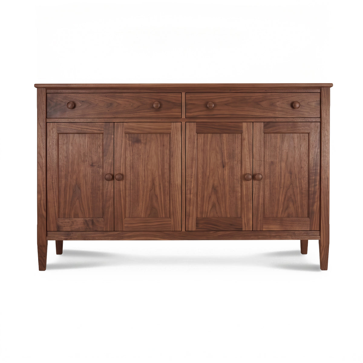 Vermont Shaker Large 60″ Sideboard by Maple Corner Woodworks with two drawers, four doors, round knobs, and a handcrafted natural wood finish.