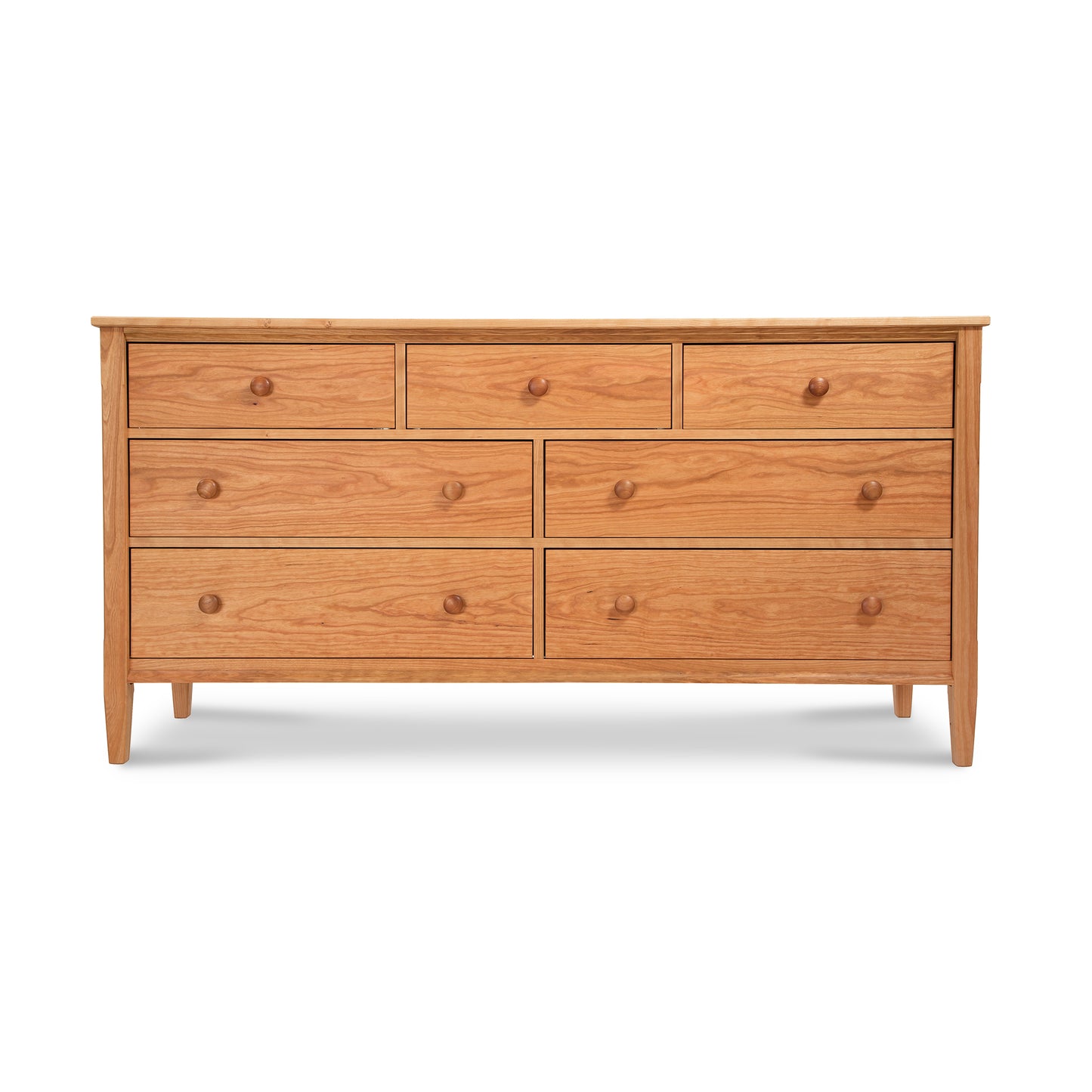 Maple Corner Woodworks Gomella Vermont Shaker 7 Drawer Dresser in solid wood with handcrafted details and classic shaker design, showcasing high quality American craftsmanship.