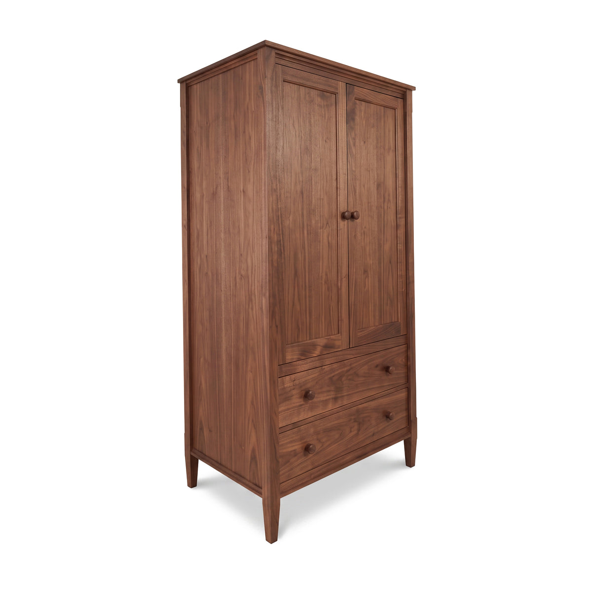 Vermont Shaker Armoire by Maple Corner Woodworks with 2 doors, 2 drawers, round knobs, and classic handmade craftsmanship in solid wood.