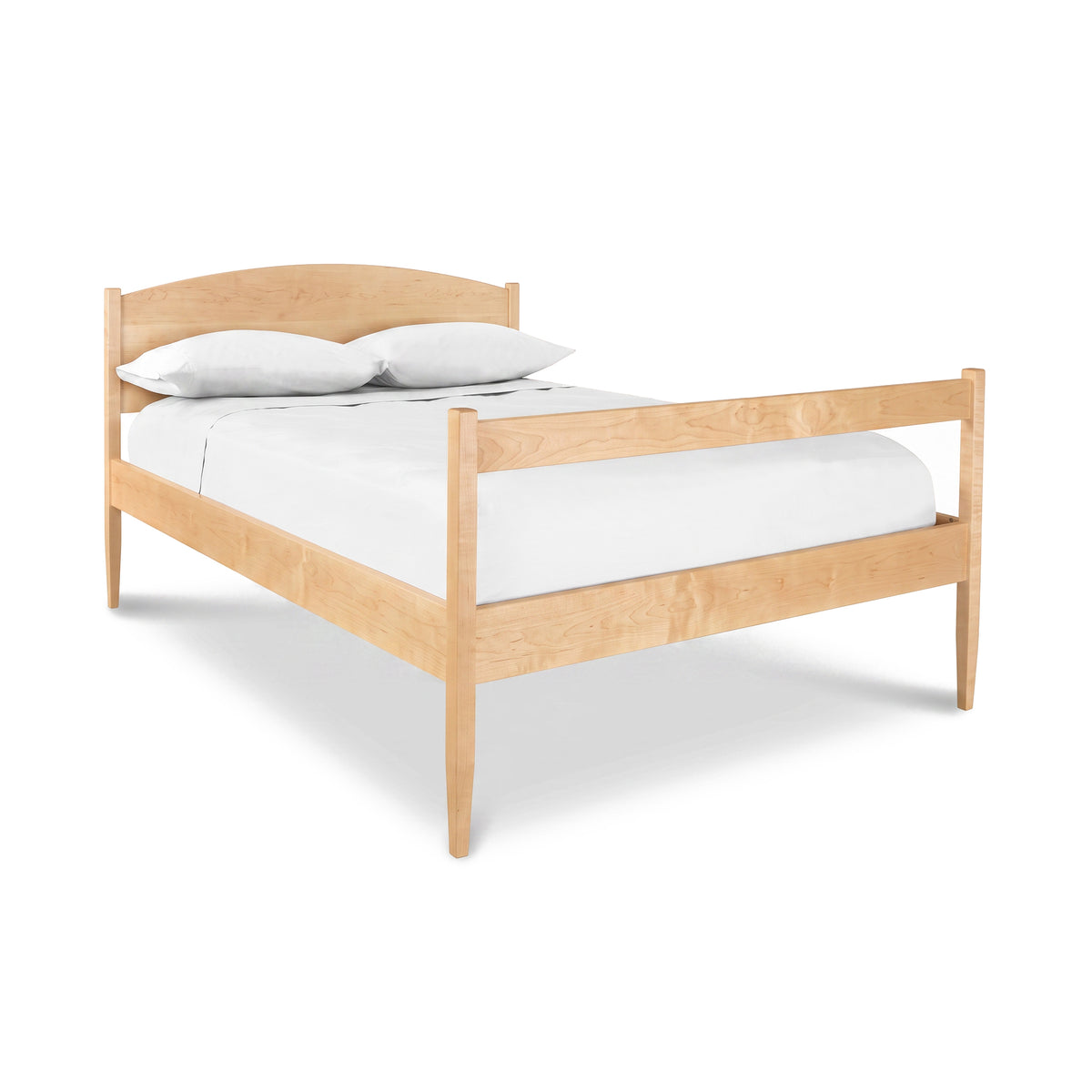 Vermont Shaker Bed by Maple Corner Woodworks in solid hardwood with a simple headboard and light finish, showcasing American craftsmanship.