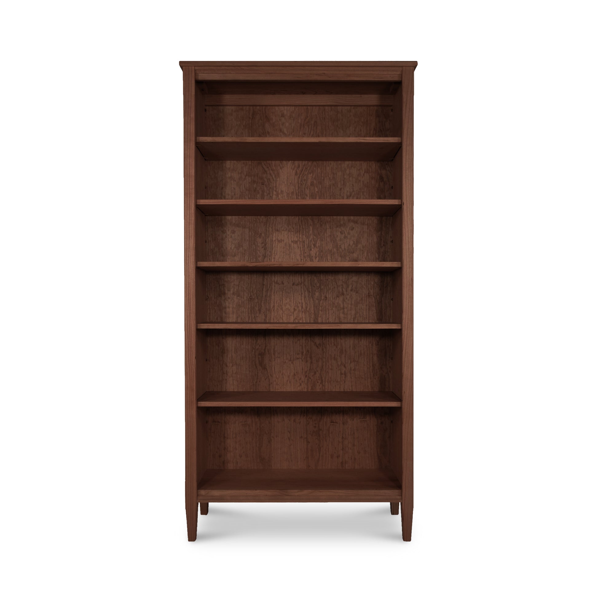 Vermont Shaker Bookcase by Maple Corner Woodworks showcasing five shelves, crafted from dark, sustainably harvested hardwoods.