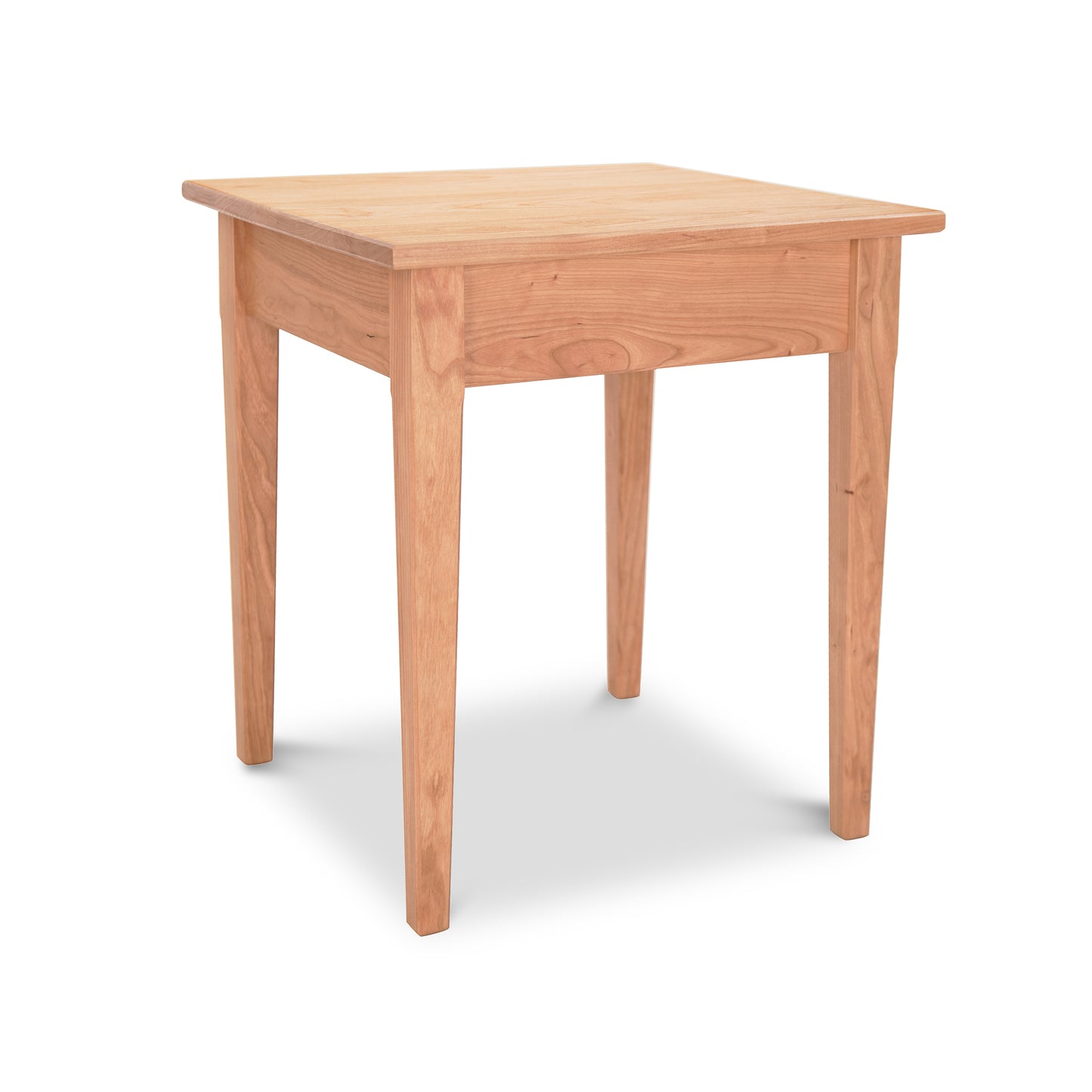 A Vermont Shaker End Table by Maple Corner Woodworks, with a square top and four legs, isolated on a white background. The table appears sturdy and is made of light-colored wood from sustainably harvested hardwoods.