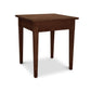 A Vermont Shaker End Table from Maple Corner Woodworks, with a smooth, square top and four sturdy legs, isolated on a white background. The table has a rich, dark brown finish.