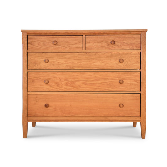 Vermont Shaker Extra Wide Cherry Chest with five drawers and round wooden knobs, featuring a classic and functional design by Maple Corner Woodworks.