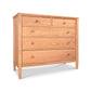 A Maple Corner Woodworks Vermont Shaker Extra Wide Chest with five drawers, featuring three larger drawers at the bottom and two smaller drawers at the top, set against a white background.