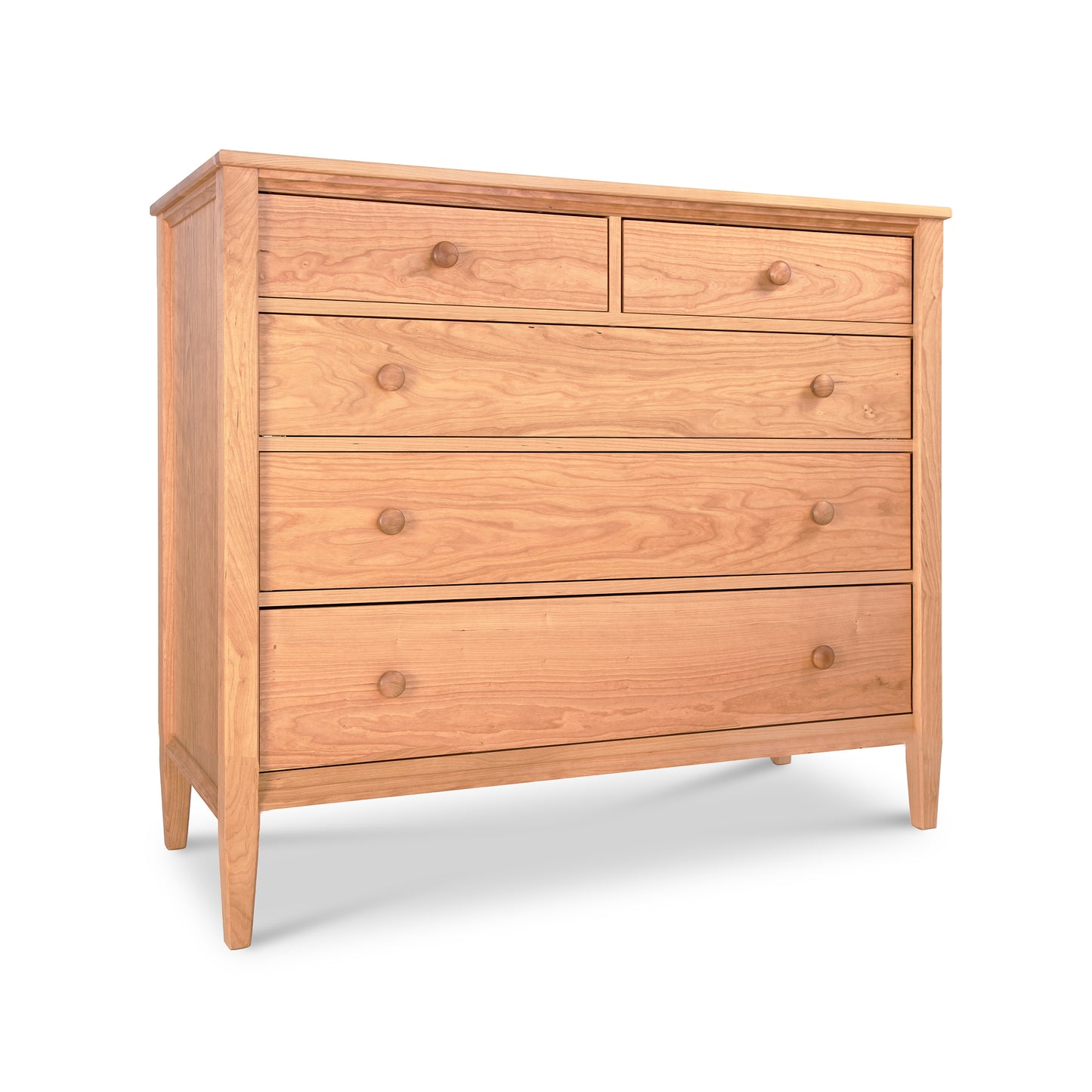 Vermont Shaker Extra Wide Chest featuring natural cherry wood, five drawers with round knobs, and a classic design from Maple Corner Woodworks.