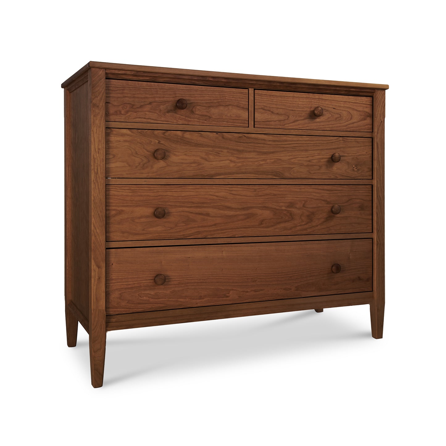 Vermont Shaker Extra Wide Chest by Maple Corner Woodworks with five natural cherry finish drawers and traditional round wooden knobs.