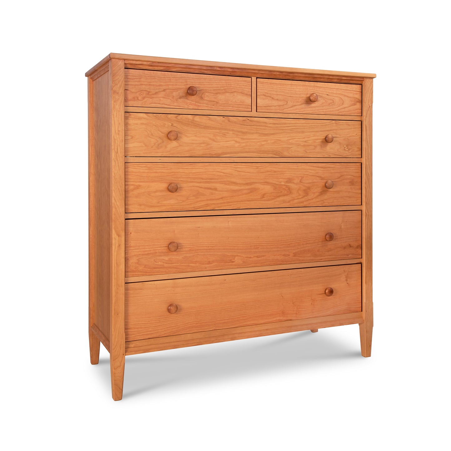 Vermont Shaker Extra Wide Chest in natural cherry with five drawers and round knobs by Maple Corner Woodworks, showcasing excellent hardwood craftsmanship.