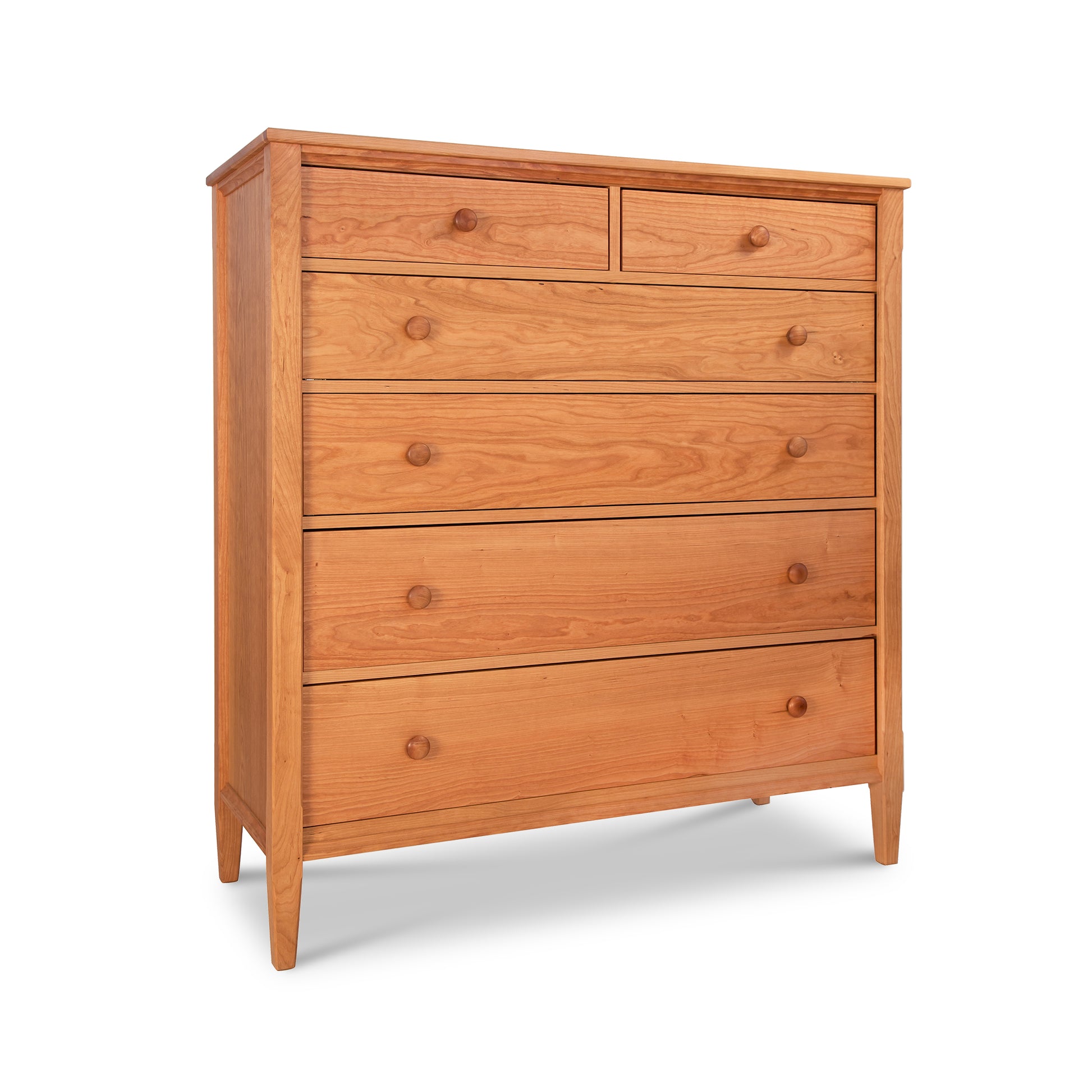 Vermont Shaker Extra Wide Chest in natural cherry with five drawers and round knobs by Maple Corner Woodworks, showcasing excellent hardwood craftsmanship.