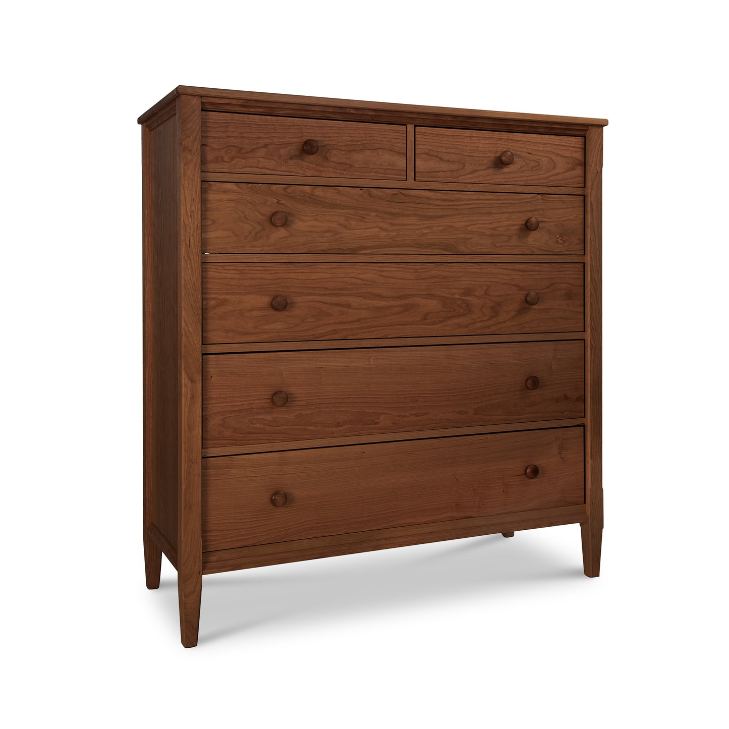 A Vermont Shaker Extra Wide Chest with six drawers, featuring a simple traditional design, isolated on a white background. (Brand Name: Maple Corner Woodworks)
