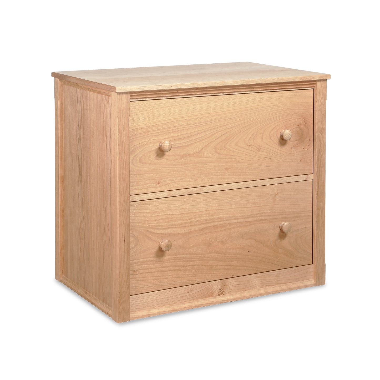 Vermont Shaker File Cabinet by Maple Corner Woodworks features a handcrafted, light wood two-drawer design with round knobs, showcasing fine American craftsmanship.