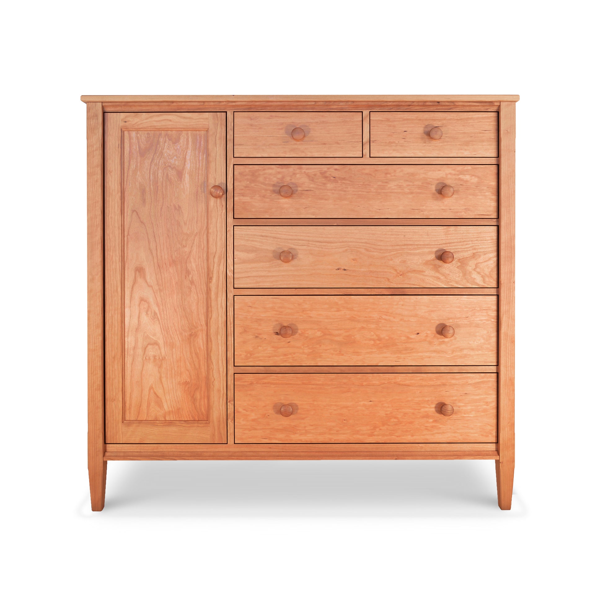 Vermont Shaker Gent's Chest by Maple Corner Woodworks featuring a cabinet door and seven drawers with round knobs, crafted from solid woods and finished with eco-friendly oil.
